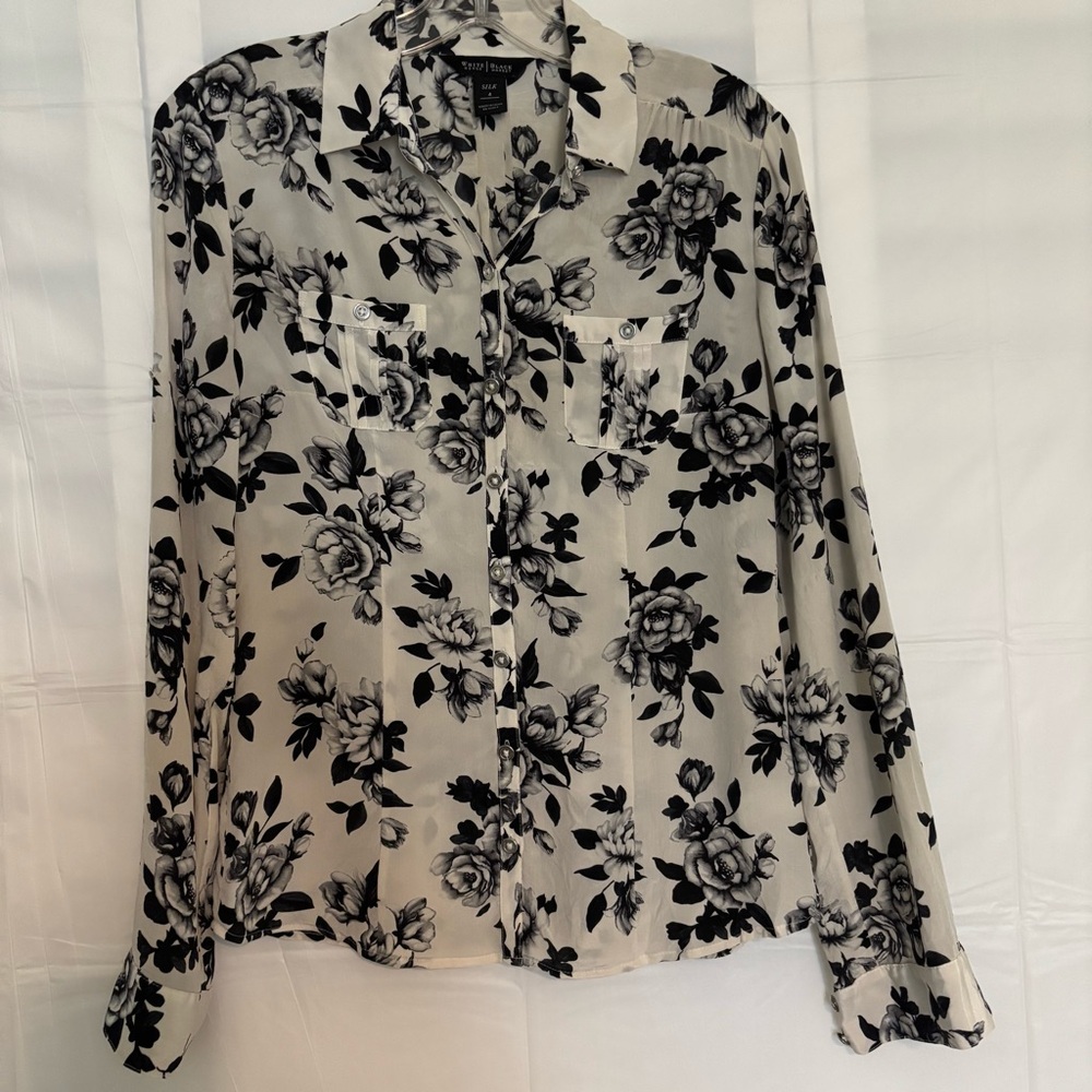 White House Black Market 100% Silk Black and White Button Down Shirt